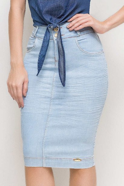 saia jeans casual lapis midi cintura alta azul claro laura rosa lr89193 frente baixo