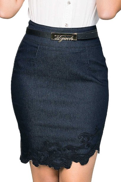 saia feminina curta jeans assimetrica com detalhe em bordado dyork frente baixo
