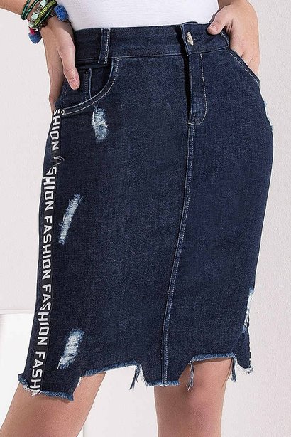 saia jeans marinho recortes assimetricos e galao lateral imperio z
