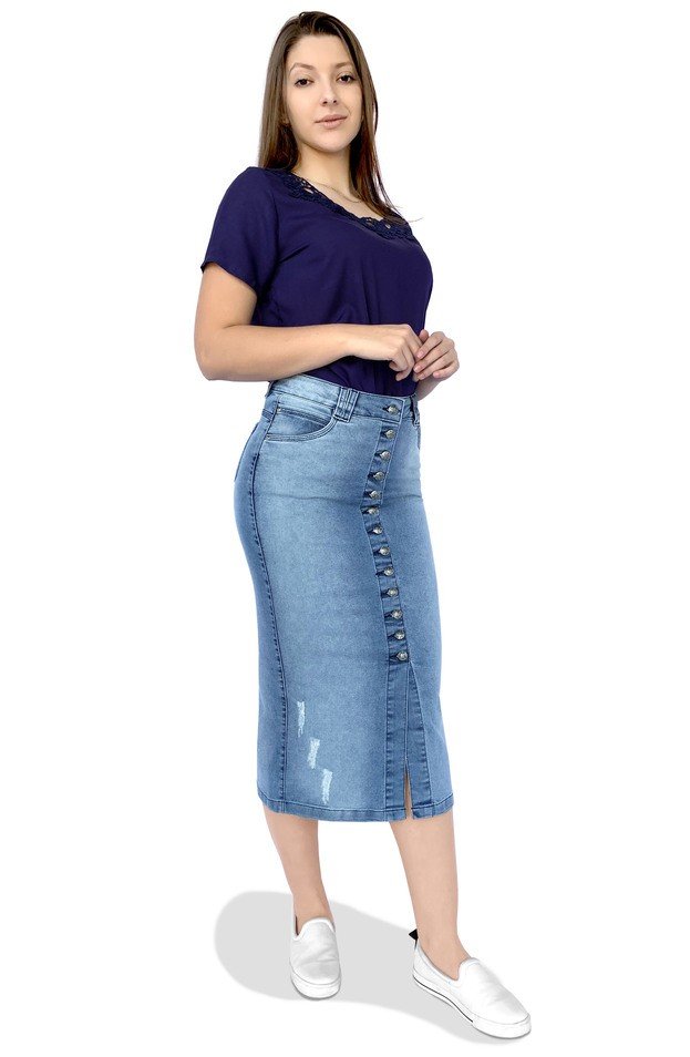 Saia Feminina Jeans Midi Botões Frontais Dyork Jeans