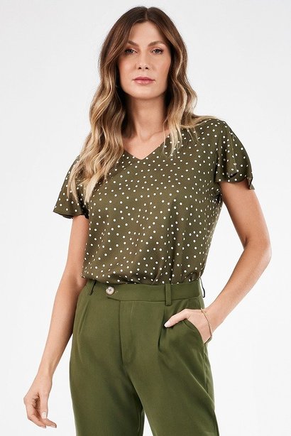 blusa feminina de poa verde militar nilda frente