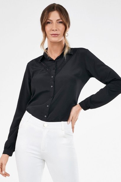 camisa manga longa feminina preta com renda pedrita frente copia