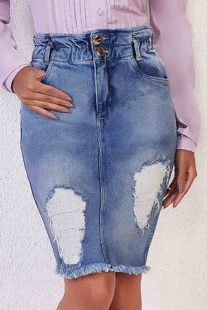 saia lapis jeans detalhe em puidos e ralados titanium baixo
