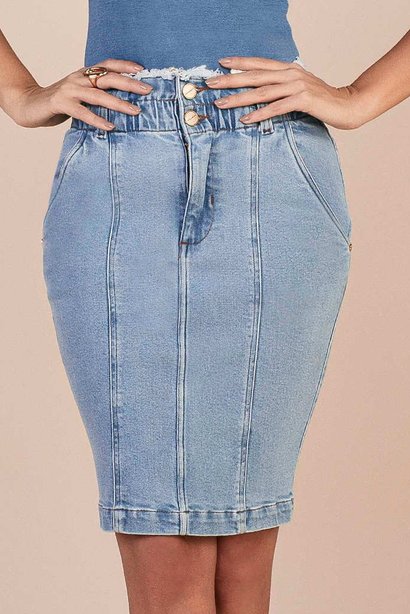 saia jeans cintura alta cos desfiado com elastico titanium baixo