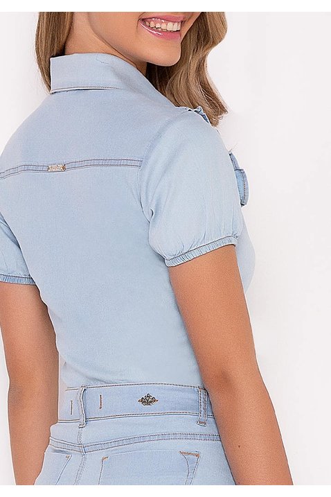 camisa feminina jeans com babados imperio z costas cima detalhe