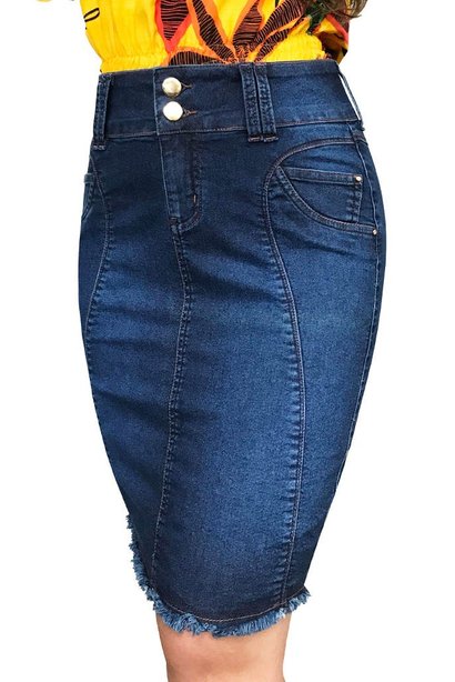 saia jeans recortes arredondados barra desfiada dyork jeans