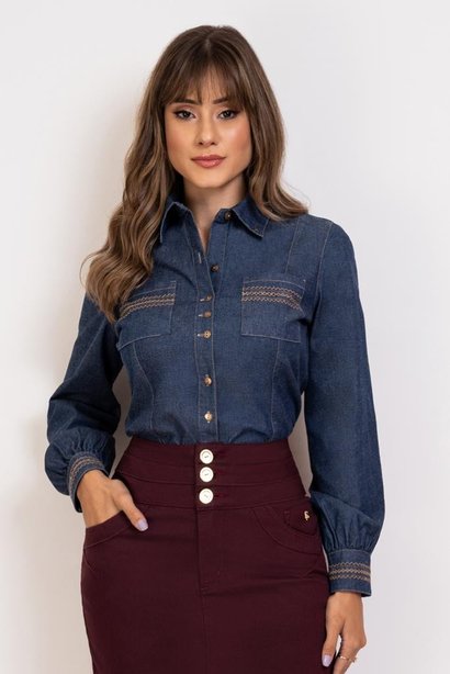 camisa feminina jeans com detalhes em pesponto via tolentino 2