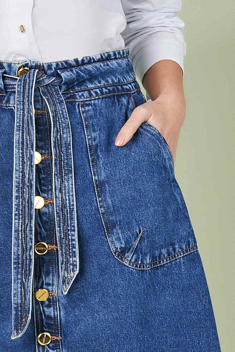 Saia Jeans Maxi Midi Fenda Frontal Titanium Jeans Moda Evangélica Feminina  - QVestido