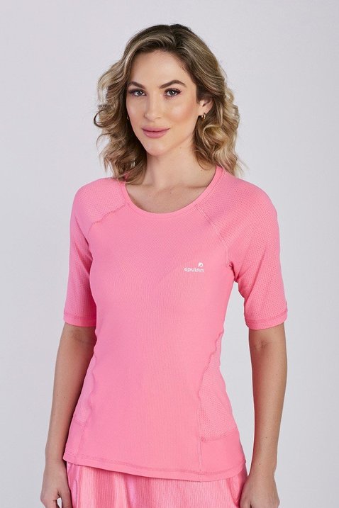 t shirt feminina de academia manga curta na cor rosa chiclete em poliamida com protecao solar epulari 3